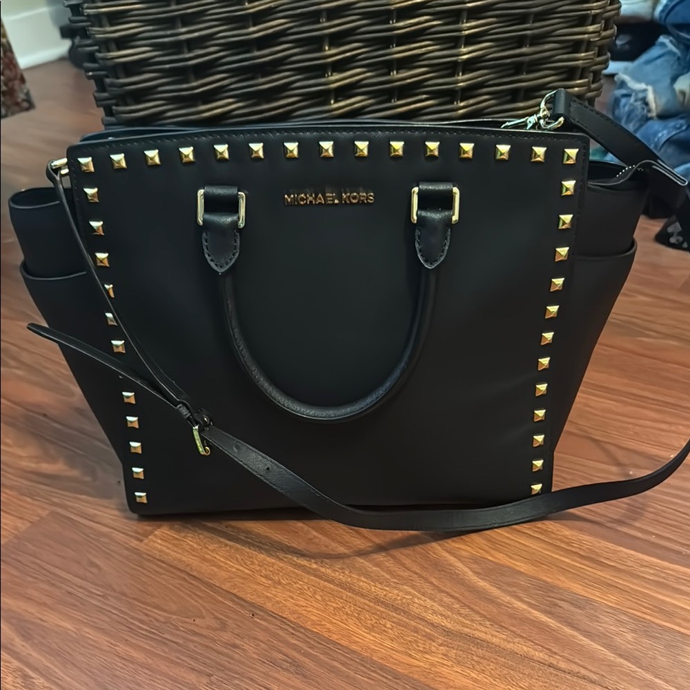 Michael Kors Large SelmaBlack and Gold Studded Satchel